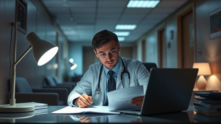 Young doctor stressed at desk in dim hospital lounge, reflecting physician burnout.