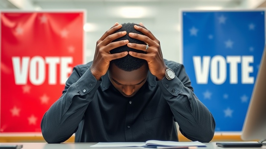 Black man at workplace, struggling with mental health amid political polarization.