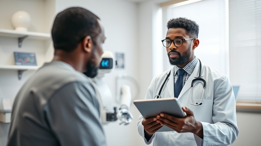 A black male doctor discusses health technology with a patient, while a robot analyzes data.