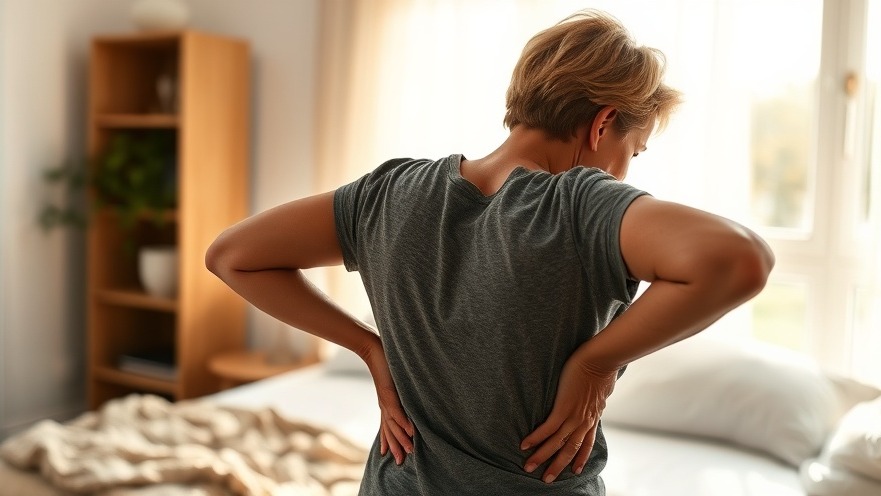 Black middle-aged woman in a brightly lit bedroom seeking pain relief options for lower back pain.