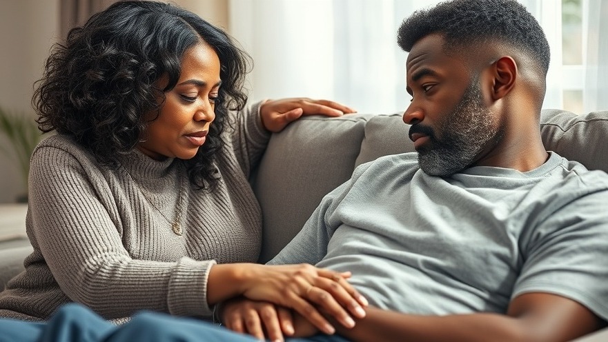 Concerned wife supports husband at home, highlighting health care access challenges.