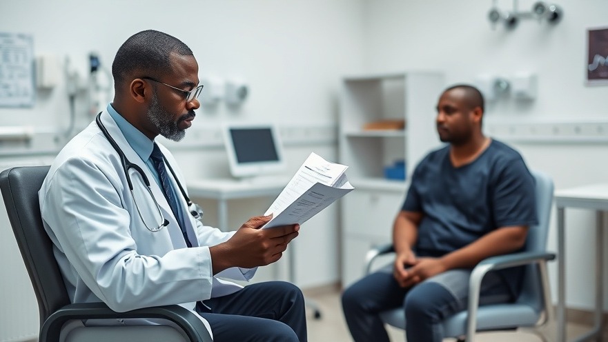 Black doctor reviewing patient stories in a medical examination room.