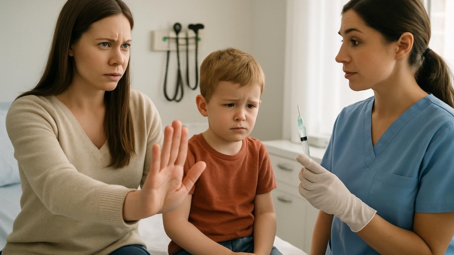 Mother stops nurse from giving vaccine to son, highlighting vaccine preventable diseases.