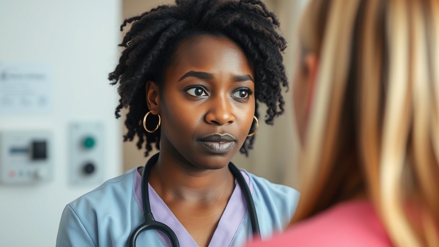 Black female nurse distressed after a tough day discussing emergency staff mental health.
