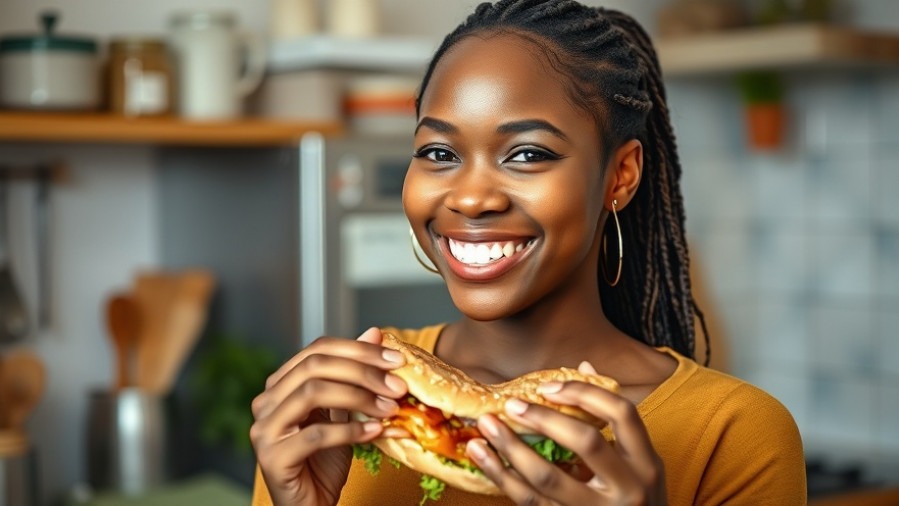 Cheerful woman in a kitchen enjoying a healthy sandwich for well-being and physical health.