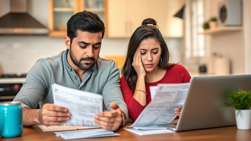 Hispanic couple stressed over healthcare bills, highlighting racial disparities in access to healthcare.