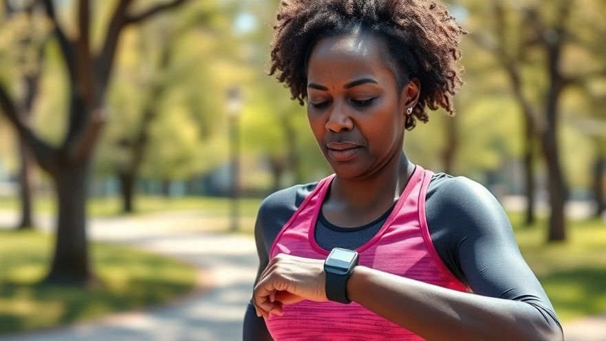 Black middle-aged woman running in a park, checking her smartwatch for health care insights.