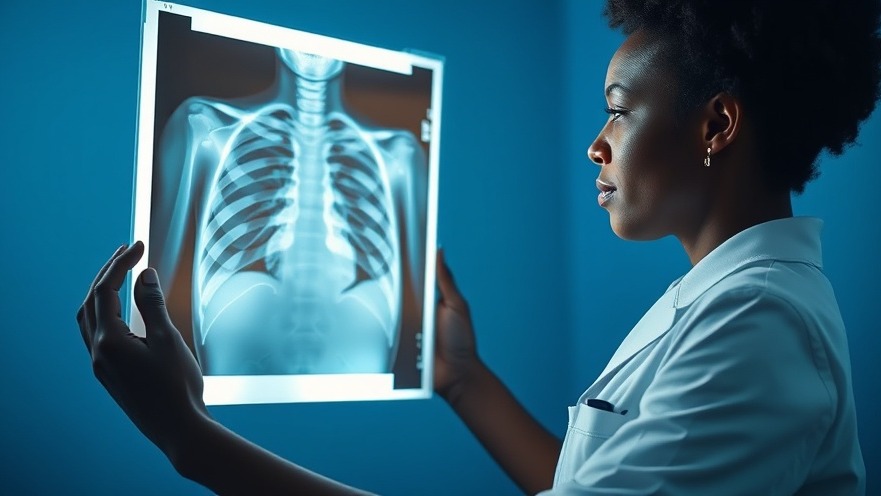 Black female X-ray technician analyzing a chest X-ray, showcasing telehealth advancements.