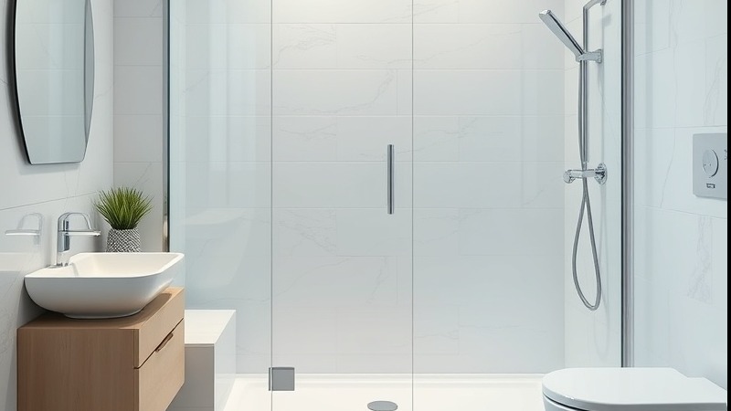 Photorealistic shiny clean glass shower enclosure in a modern bathroom, ultra-high definition.