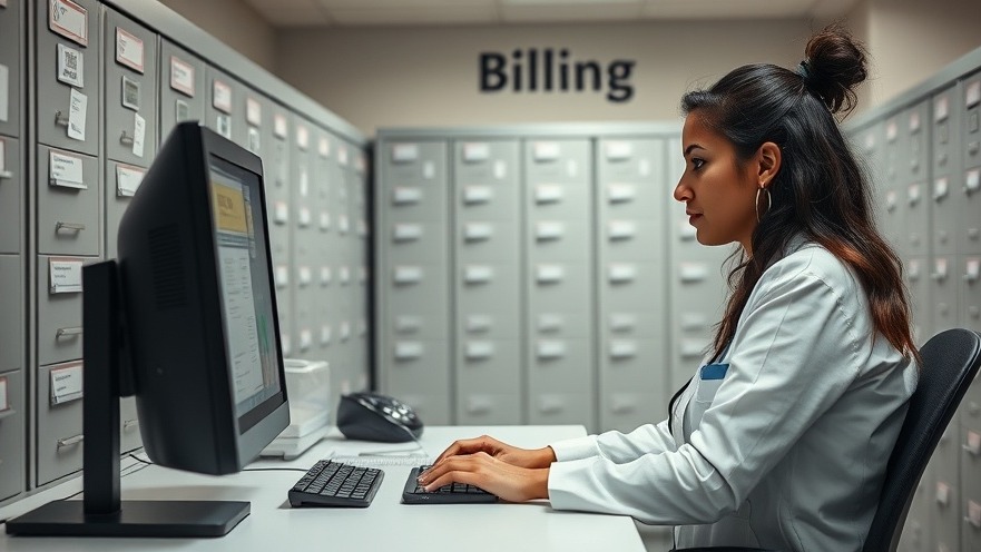 Hispanic female in a medical office inputting codes for health insurance billing.