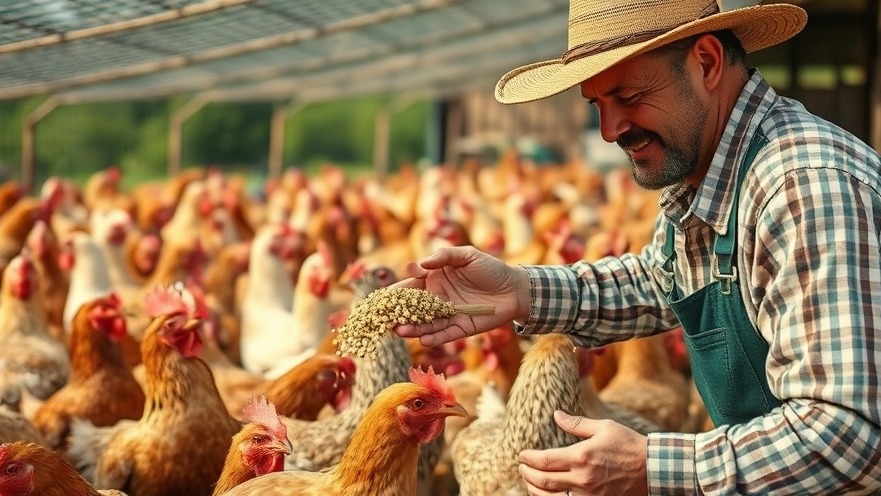 Chicken farmer providing health information to his flock with avian influenza education.
