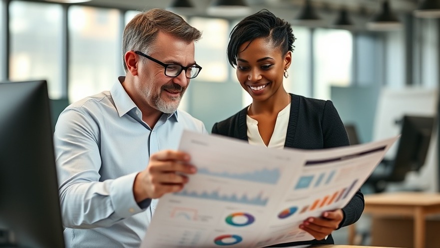 White male and middle-aged black female professionals discussing website design and charts in a bright office.