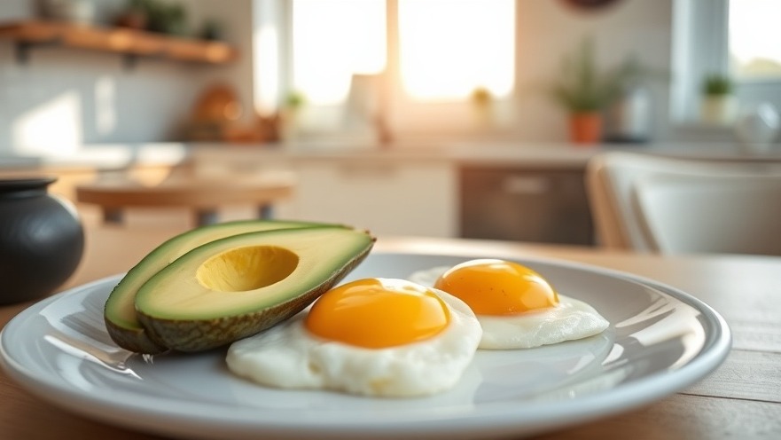 Nourishing nutrition tips: closeup of eggs and avocado in a sunlit modern kitchen.