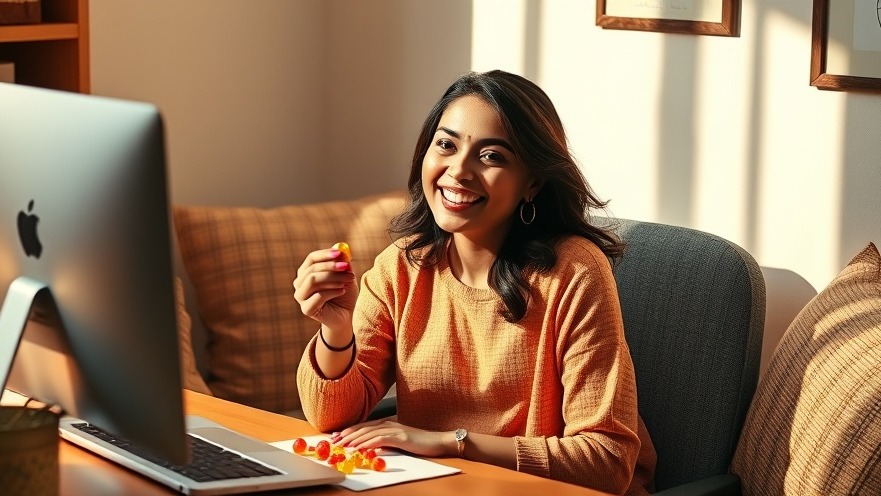 Indian woman smiles at work desk, enjoying a gummy, embodying fitness trends 2025.
