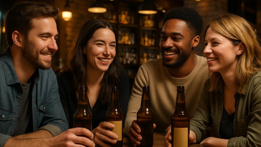 Four sober curious friends enjoy beer in a warm bar setting, exploring health benefits.