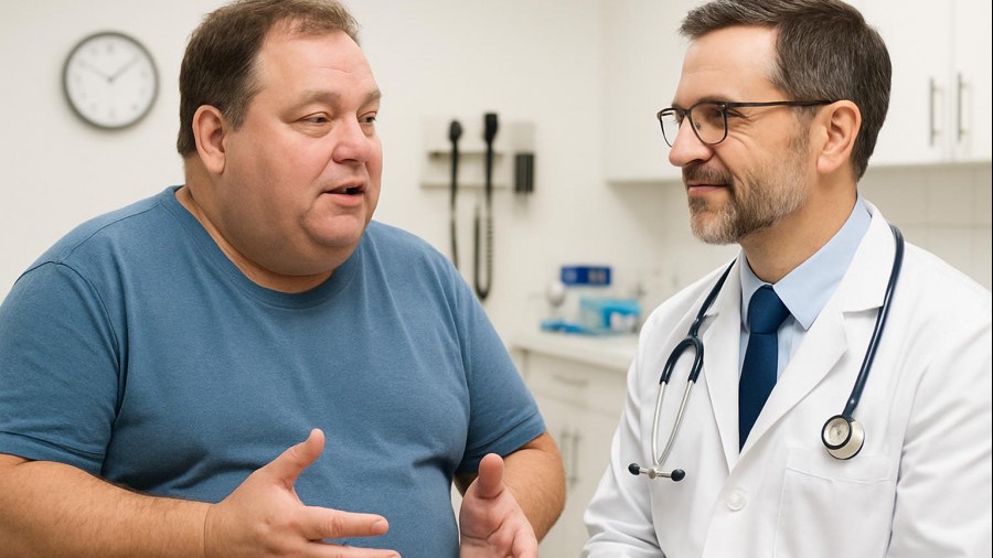 Middle-aged male discussing obesity treatment and liver health with a doctor.