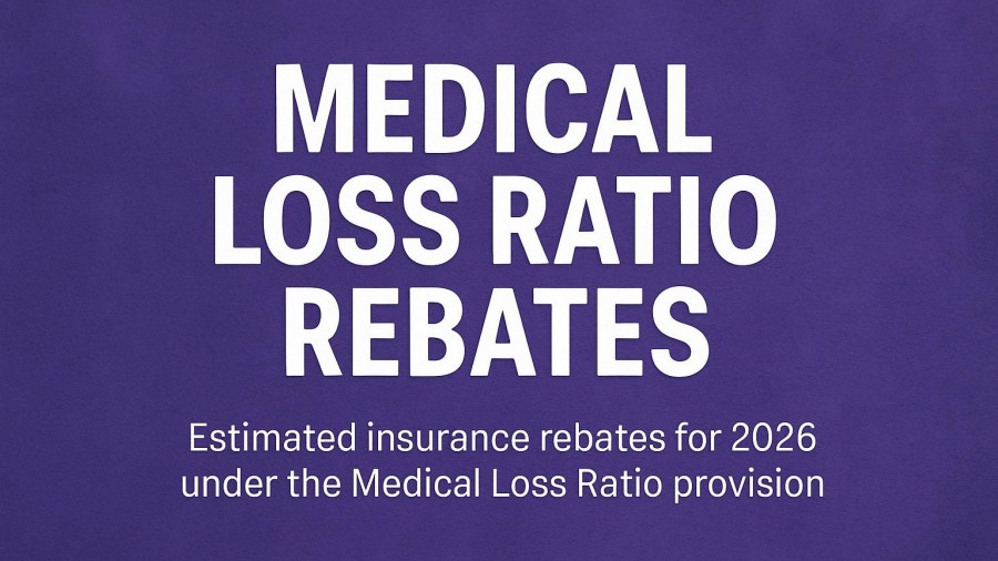 Bold text 'Medical Loss Ratio Rebates' on purple background, highlighting health insurance consumer protections.
