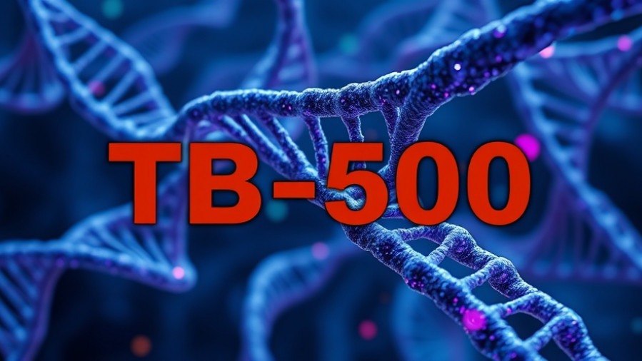Futuristic DNA strands with TB-500 text, highlighting tissue repair TB-500 in bold.