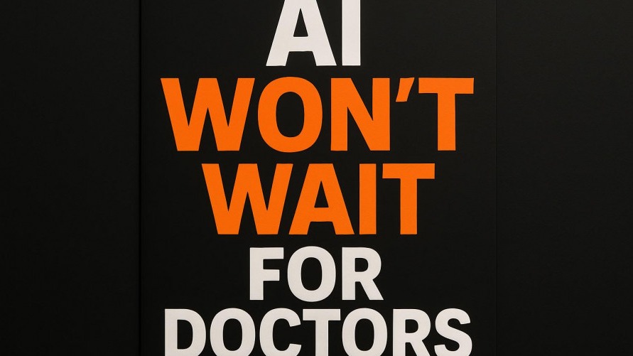 Minimalist poster on AI in healthcare with bold typography and dynamic contrast.