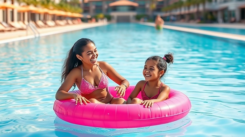 Hispanic woman and daughter enjoying laughter in a pool at a family-friendly resort.