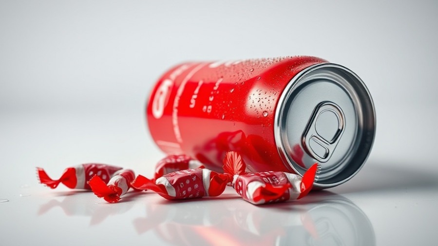 Red soda can with candy, highlighting nutritional choices in food assistance.