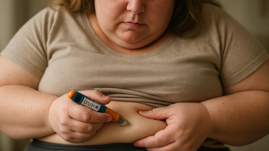 Overweight woman injecting GLP-1 shot, highlighting weight loss medications for women's health.