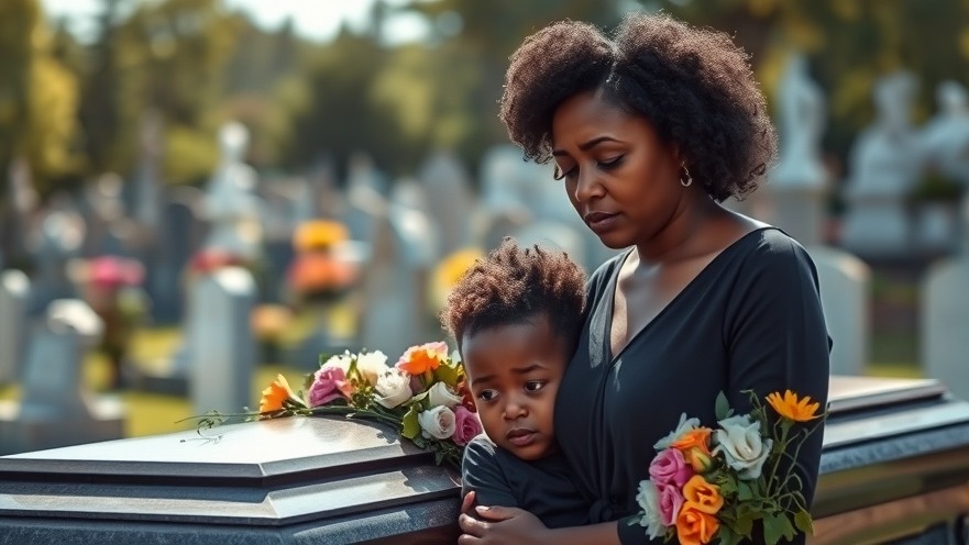 Black mother and child contemplating end-of-life discussions beside a casket.
