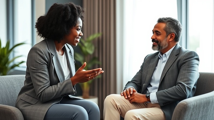 Therapist discussing chronic pain treatment with a client in a modern setting.