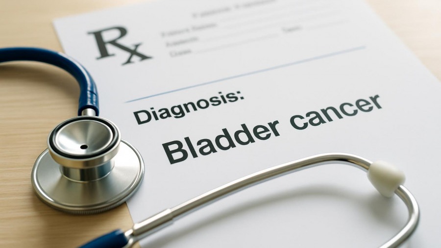 Stethoscope beside a 'Diagnosis-Bladder Cancer' prescription, highlighting medical innovations.