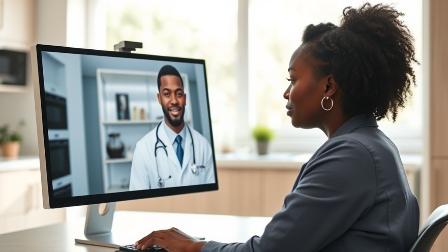 Black woman consulting a doctor online about health services funding in a bright kitchen.