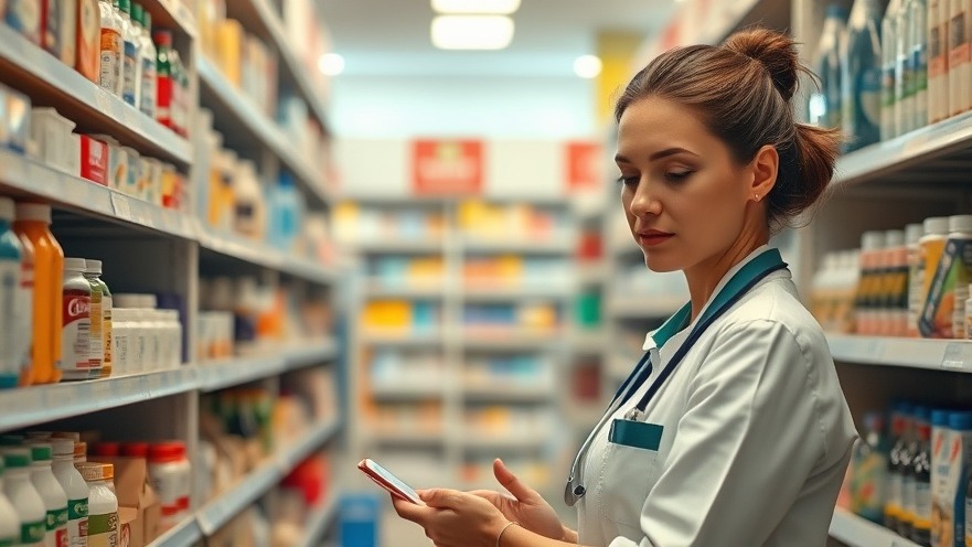 Female pharmacist organizing shelves in a bustling pharmacy, highlighting healthcare accessibility.