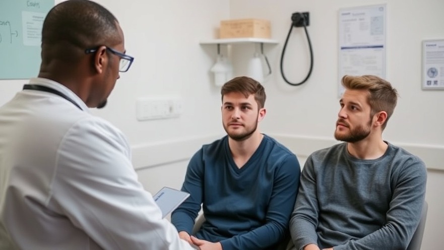 Young male couple discussing health equity and gender-affirming care with a doctor.