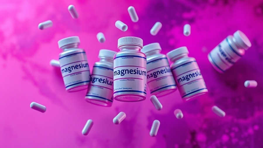 Photorealistic magnesium glycinate supplements floating in vibrant pink and purple hues.