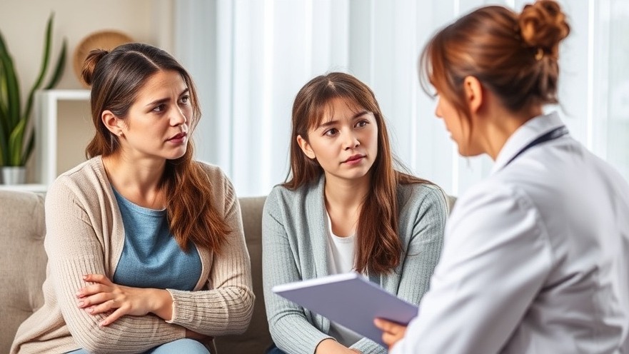 Worried mother and daughter discuss reproductive healthcare options with a doctor.