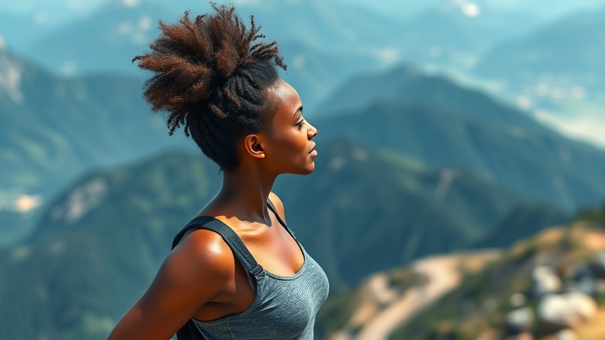 Young black woman showcasing core strength in dynamic posture atop a mountain.