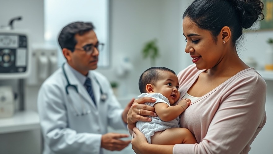 Hispanic mother and doctor discuss medical care for her infant in an examination room.