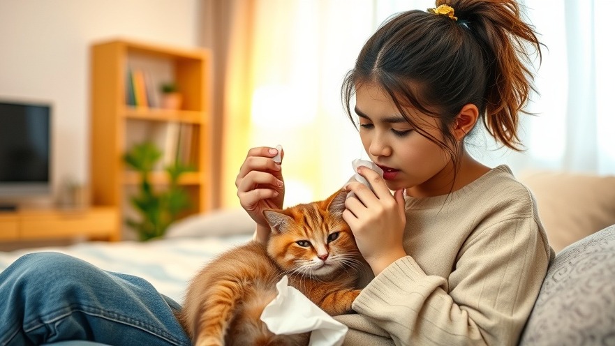 Hispanic teenager experiencing asthma symptoms from pet allergens with a cat in her lap.