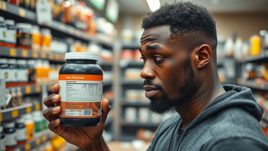 Focused black man choosing between protein powders in a health lifestyle store.