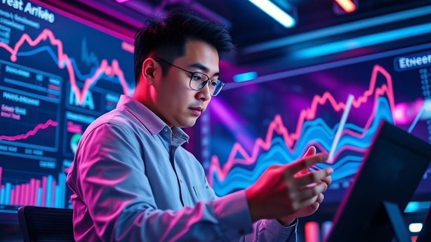 Content creation tips: Asian male analyzing AI trends in a neon-lit studio.