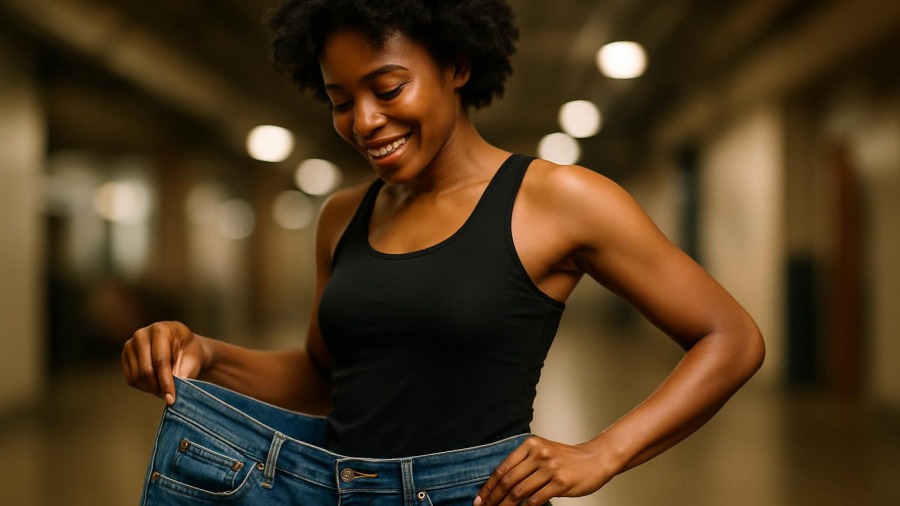 Black woman showcases weight loss success in oversized jeans, highlighting obesity treatment progress.