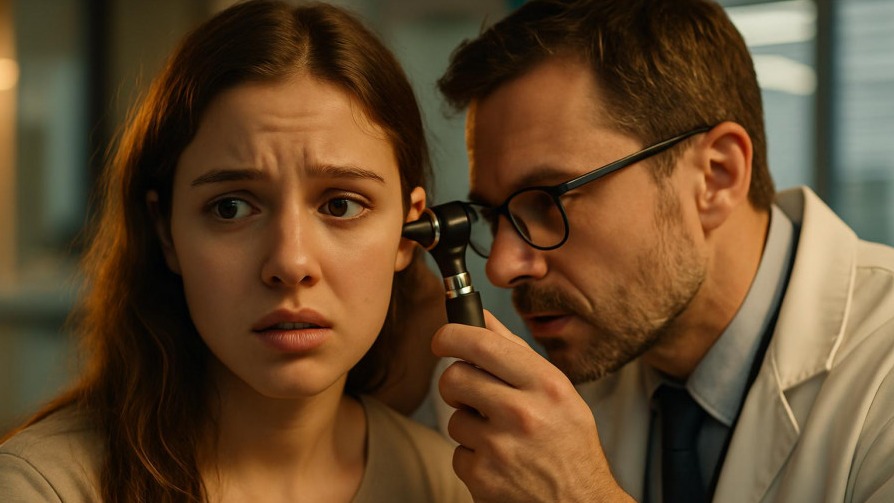 Young woman receives an ear examination; highlighting ear hygiene and health myths.