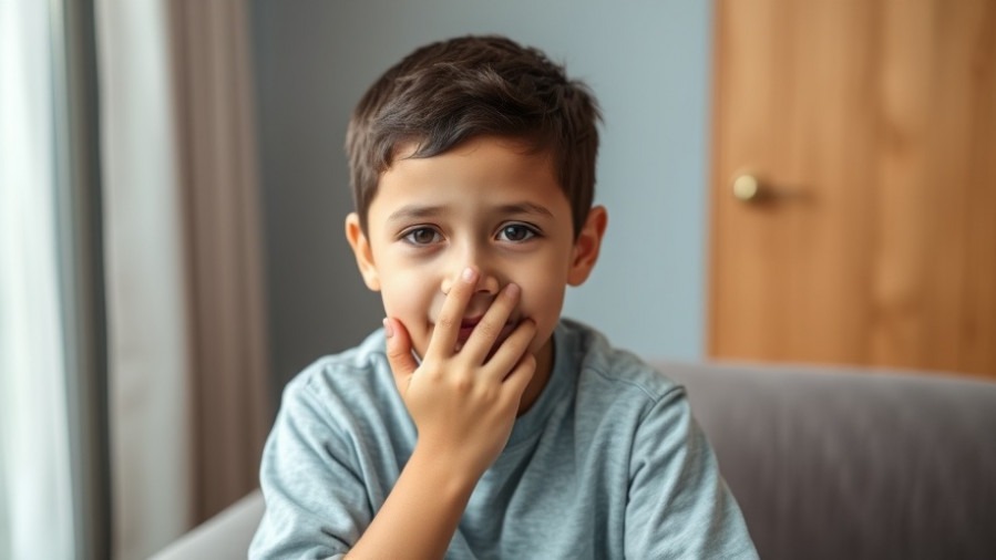 7-year-old Hispanic boy showing Symptoms of RIME, holding his mouth in distress.