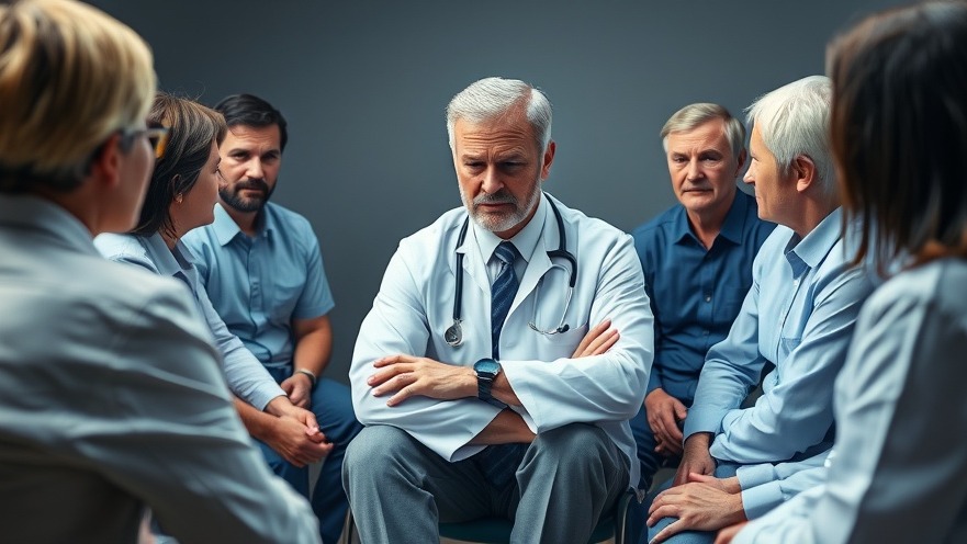 Middle-aged doctor showing stress in physician wellness group, bright lighting.