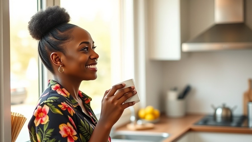 Smiling woman enjoying tea in a bright kitchen, perfect for daily exercise tips.