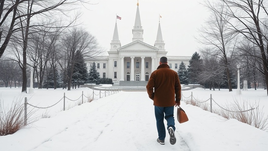 Two men walking through snow to a Mormon temple, showcasing family values and community engagement.