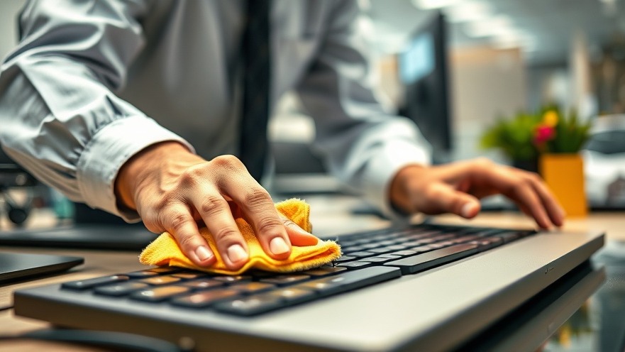 Office worker practicing hygiene by wiping keyboard, promoting health and immunity.