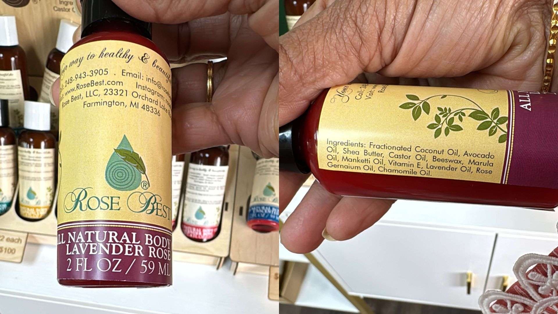 Rose Best Body oil skincare product and label to understand ingredient list when choosing natural skincare