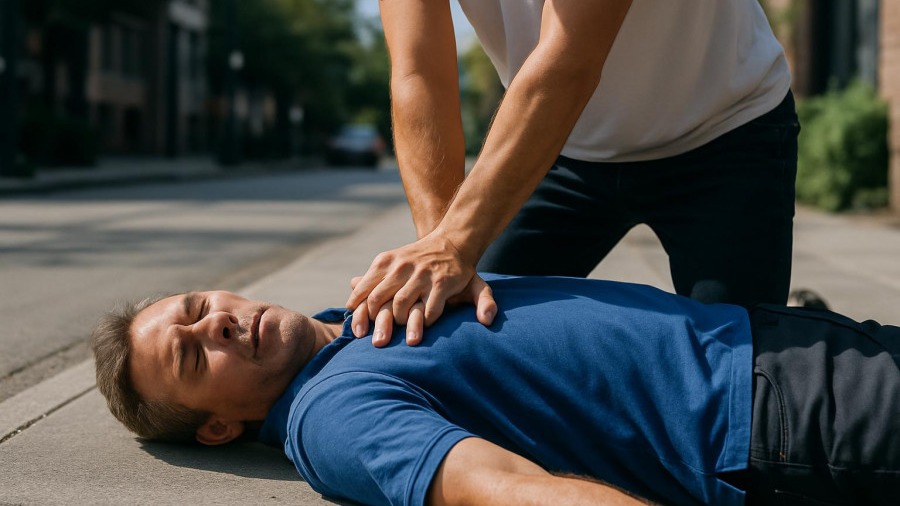 CPR Awareness: Lifesaving action as a man receives CPR on a sidewalk.