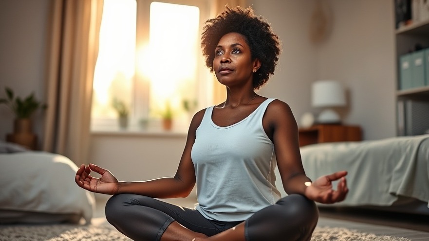 Middle-aged black woman practicing well-being habits in a sunlit bedroom.