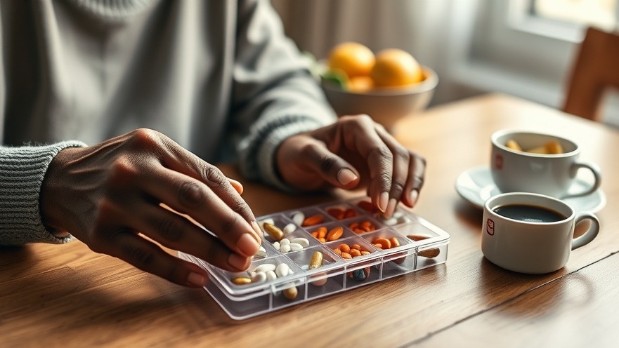 Elderly black hands organizing pills for cognitive decline prevention with a warm coffee backdrop.
